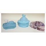 1212	3 COLORED GLASS COVERED ANIMAL DISHES, LAMB, SWAN & RABBIT