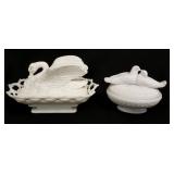1213	2 MILK GLASS COVERED ANIMAL DISHES, SPREAD WING SWAN & LOVEBIRDS SIGNED WESTMORELAND