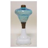 1216	BLUE KEROSENE LAMP W/MILK GLASS BASE, INVERTED THUMBPRINT, 10 3/4 IN HIGH