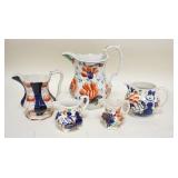 1218	GROUP OF 5 GAUDY PITCHERS/CREAMERS, TWO ARE SIGNED OLD CASTLE, ENGLAND, TALLEST IS 8 1/2 IN