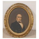1228	HAND COLORED LITHO ON CANVAS, DANIEL WEBSTER IN ORIGINGAL GILT OVAL FRAME, 19 IN X 22 IN INCLUD