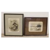 1238	2 PIECES OF SIGNED JAPANESE ARTWORK, BIRDS & FLOWERS & MOUNT FIJI, 15 IN X 18 IN INCLDUING FRAM