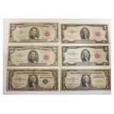 1248	LOT W/2 RED SEAL 5 DOLLAR BILLS, 2 RED SEAL 2 DOLLAR BILLS, & 2 SILVER CERTIFICATES