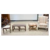1320	ETHAN ALLEN WING CHAIR, 2 STOOLS & VICTORIAN CHAIR, ALL W/LOSSES, UPHOLSTERY STAINING