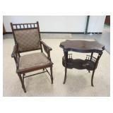 1321	2 PIECE VICTORIAN LOT, TURTLE TOP TABLE & ARMCHAIR, CHAIR HAS DAMAGE TO STRETCHER BASE