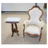 1322	2 PIECE VICTORIAN LOT, MARBLE TOP TABLE & TUFTED BACK ARMCHAIR, UPHOLSTERY DAMAGED