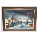 1327	OIL ON ARTIST BOARD OF STREET SCENE W/ANTIQUE SHOP, HAS AN INSCRIPTION ON THE REVERSE, 35 IN X 