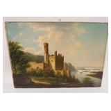 1328	OIL ON CANVAS LANDSCAPE W/CASTLE & HARBOR, SIGNED LOWER LEFT, 26 IN X 19 IN