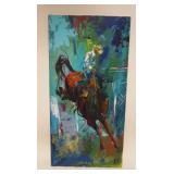 1329	OIL ON CANVAS OF A COWBOY ON A BUCKING BRONCO, SIGNED DK, 18 IN X 36 IN