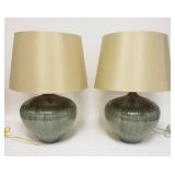 1336	2 GREEN GLAZED POTTERY LAMPS, RIBBED PATTERN, 23 3/4 IN HIGH
