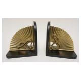1015	SOLID BRASS FAN BOOKENDS MOUNTED ON WOODEN SIDES APP. 8 IN X 7 IN 
