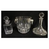 1019	CLEAR GLASS LOT INCLUDING ICE BUCKET W/ CHROME HANDLES, & TWO DECANTERS 