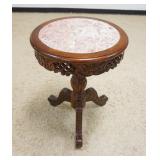 1028	ROSE MARBLE INSET LAMP TABLE W/PIERCED CARVED SKIRT, COLUMN & LEGS, APPROXIMATELY 22 IN X 30 IN