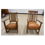 1037	PAIR OF MISSION SOLID OAK ROCKERS W/LEATHER SEATS