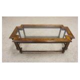1044	OAK GLASS INSET COFFEE TABLE W/BARLEY TWIST LEGS, APPROXIMATELY 18 IN X 23 IN X 18 IN HIGH
