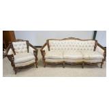 1046	VINTAGE PIERCED CARVED SOFA & ARMCHAIR W/TUFTED UPHOLSTEREY BACK & STAINING ON UPHOLSTERY