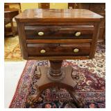 1047	ANTIQUE EMPIRE 2 DRAW STAND ON CARVED COLUMNS & CLAW FEET, APPROXIMATLY 21 IN X 16 IN DEE X 30 
