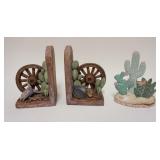 1063	LOT OF SOUTHWESTERN, IRON CACTUS DOOR STOP, POTTERY WAGON WHEEL BOOKENDS