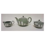 1067	GREEN JASPER WEDGWOOD ENGLAND TEASET, TEAPOT W/CREAMER & SUGAR