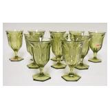 1072	10 OLIVE GREEN FOSTORIA COIN GLASS GOBLETS, SLIGHT VARIATION IN HEIGHTS BETWEEN 6 1/2 IN - 6 5/