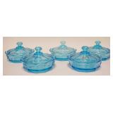 1074	5 BLUE FOSTORIA COIN GLASS COVERED CANDY DISHES APP 4 1/2 IN H 6 1/2 IN DIAMETER