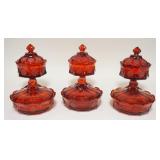 1076	6 PIECES  OF RUBY RED FOSTORIA COIN GLASS LOT INCLUDES THREE WEDDING BOWLS & THREE COVERED CAND