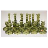 1077	21 OLIVE GREEN FOSTORIA CANDLESTICKS TWO SIZES, TALLEST 8 1/4 IN H 