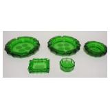 1078	5 EMERALD GREEN FOSTORIA COIN GLASS ASH TRAYS, LARGEST 8 IN DIAMETER
