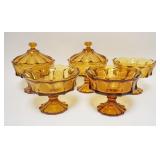 1081	5 FOSTORIA AMBER COIN GLASS COMPOTES, TWO HAVE LIDS. APP. 10 IN H INCLUDING LID