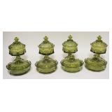 1082	8 PIECES OF OLIVE GREEN FOSTORIA COIN GLASS. LOT INCLUDES FOUR WEDDING BOWLS & FOUR LOW  COVERE