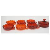 1095	7 RUBY RED FOSTORIA COIN GLASS CANDY DISHES, LOT INCLUDES 6 SMALL HANDLED DISHES & ONE LOW COVE