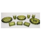 1099	OLIVE GREEN FOSTORIA COIN GLASS ASHTRAY & CIGARETTE URN LOT, SOME MINOR CHIPS ON LARGE ASHTRAYS