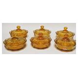 1101	6 AMBER FOSTORIA COIN CLASS LOW COVERED CANDY DISHES APP 4 1/4 IN H 