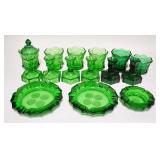 1116	EMERALD GREEN FOSTORIA COIN GLASS LOT INCLUDES CANDY JARS, ASHTRAYS & CANDLE STICKS