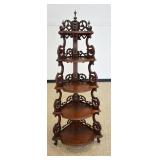 1138	WALNUT VICTORIAN WHAT NOT SHELF, HAS TURNED FINIALS & FRETWORK TRIM, 69 IN HIGH X 29 IN WIDE X 