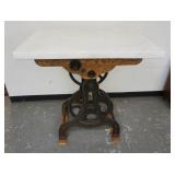 1141	CUSTOM TABLE MADE FROM CLOCK TOWER GEARSM & STOOLS, & THICK MARBLE TOP, BRASS TAG *MADE BY WILL