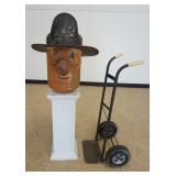 1148	FOLK ART IRON FIREMANS HEAD ON A CUSTOM FITTED PEDESTAL, TOTAL HEIGHT 56 1/2 IN