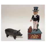 1159	2 IRON BANKS, ANTIQUE PIG STILL BANK & COMTEMPORARY UNCLE SAM MECHANICAL BANK, 10 1/4 IN HIGH
