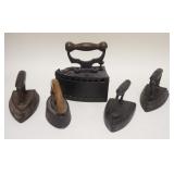 1168	5 ANTIQUE IRONS, COAL IRON, SAD IRON W/HANDLE & 3 FLAT IRONS