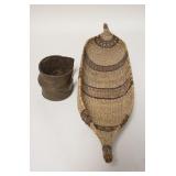 1177	2 PIECE ETHNIC LOT, HEAVY METAL BRACELET & BOAT SHAPED WOVEN BASKET, 20 1/2 IN X 5 1/2 IN