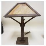 1222	OAK SLAG GLASS ARTS & CRAFTS LAMP, 21 IN HIGH