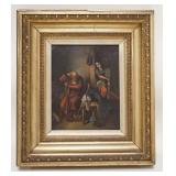 1231	PAINTING ON TIN OF AN OLD MAN W/A HARP & YOUNG WOMAN IN A NICE GILT FRAME W/MINOR LOSSES, 14 3/