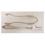 1232	STERLING TONGS & OLIVE FORK, FORK IS 6 IN, BOTH MONOGRAMMED, 2.125 TOZ TOTAL