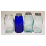 1244	4 CANNING JARS, THE MASON JAR OF 1878, COLBALT BLUE MASON, RED KEY MASON & LOCKPORT MASON, 3 HA