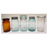 1245	5 CANNING JARS, AMBER COHANSEY GLASS, PHILA GEM, LEOTRIC BAMBERGERS MASON & THE VICTORY JAR