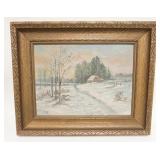 1254	OIL ON CANVAS SIGNED MK, WINTER SCENE, 16 1/2 IN X 13 3/4 IN INCLUDING FRAME