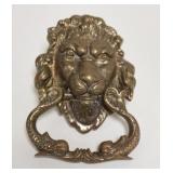 1268	HEAVY BRASS LION HEAD DOOR KNOCKER W/DOLPHINS, NO BACK PLATE, 5 3/4 IN HIGH