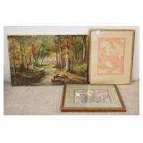 1272	3 PIECES ARTWORK, OIL ON CANVAS LANDSCAPE SIGNED DM ADAMS, ASIAN PAPER CUTOUT MOUNTED ON FABRIC