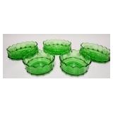 1287	5 GREEN FOSTORIA COIN BOWLS, 2 ROUND & 3 OVAL, 7 1/2 TO 9 IN