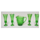 1289	5 PIECE GREEN FOSTORIA COIN, 4-8 IN VASES & A PITCHER W/ICE LIP